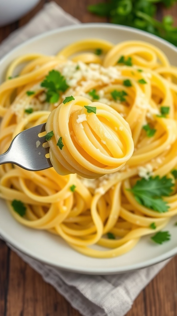 A serving of butter noodles garnished with parsley and Parmesan cheese on a rustic table.